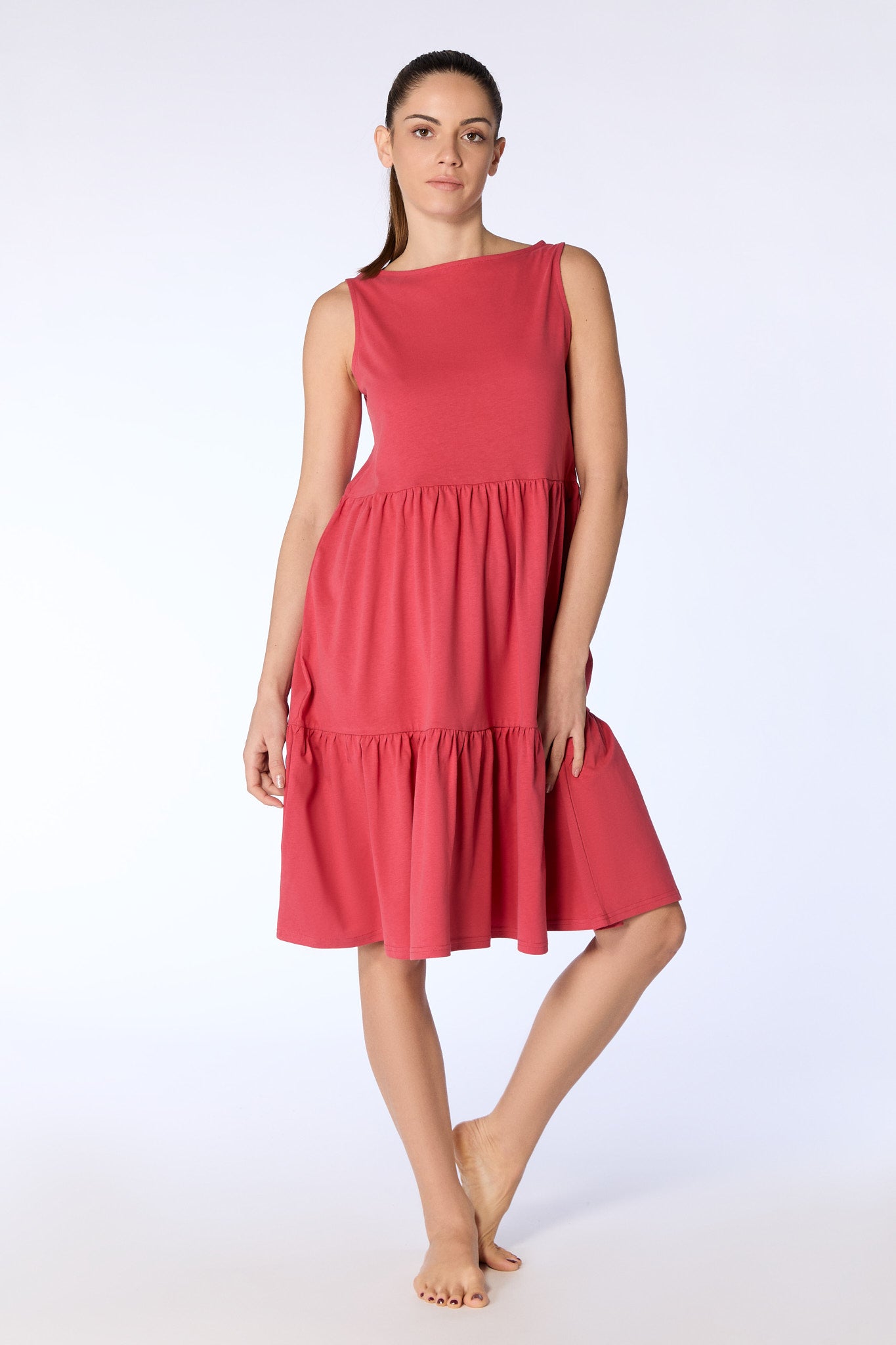 Leela Cotton Damen vegan Kleid Mit Rüschen Kardinalrot