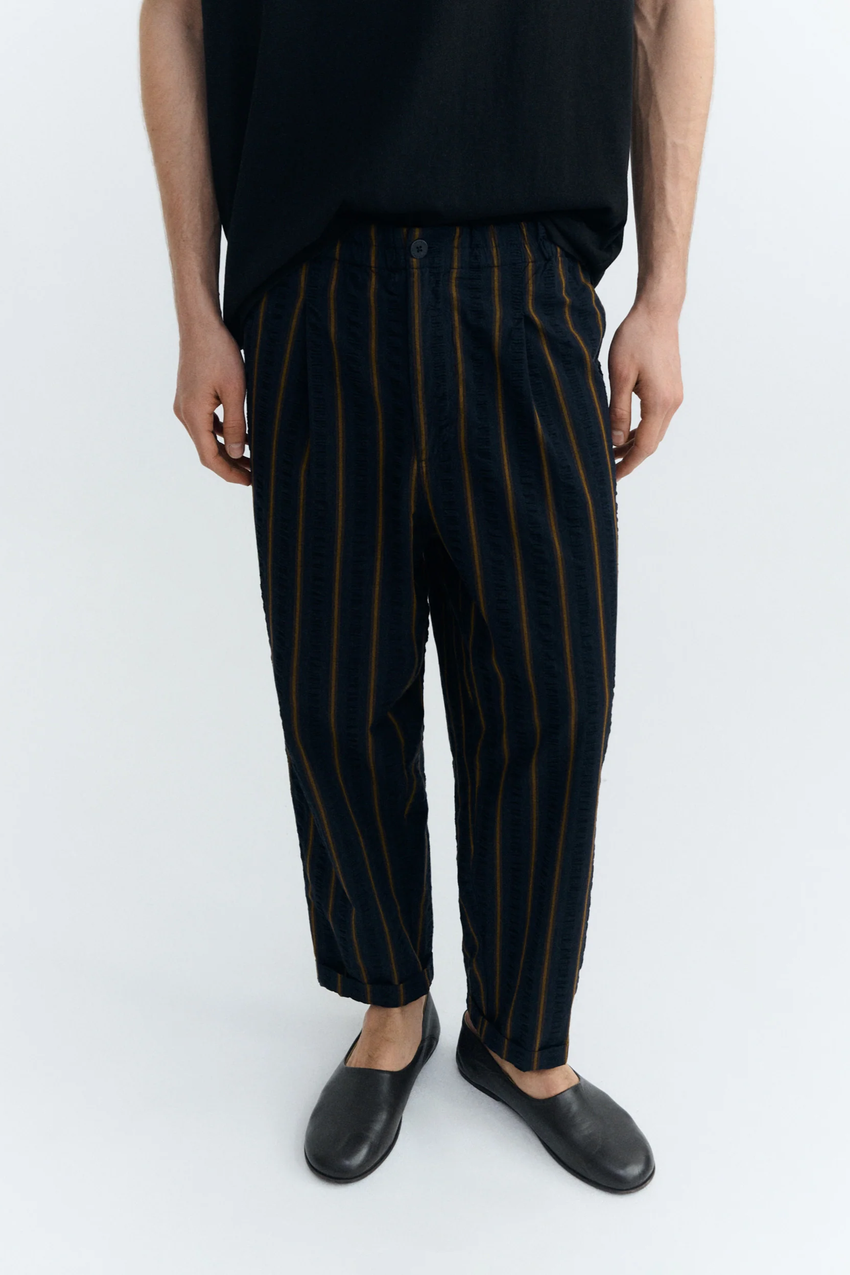 Image of Thinking MU mannen vegan Broek Met Wijde Strepen Van Seersucker, Marineblauw