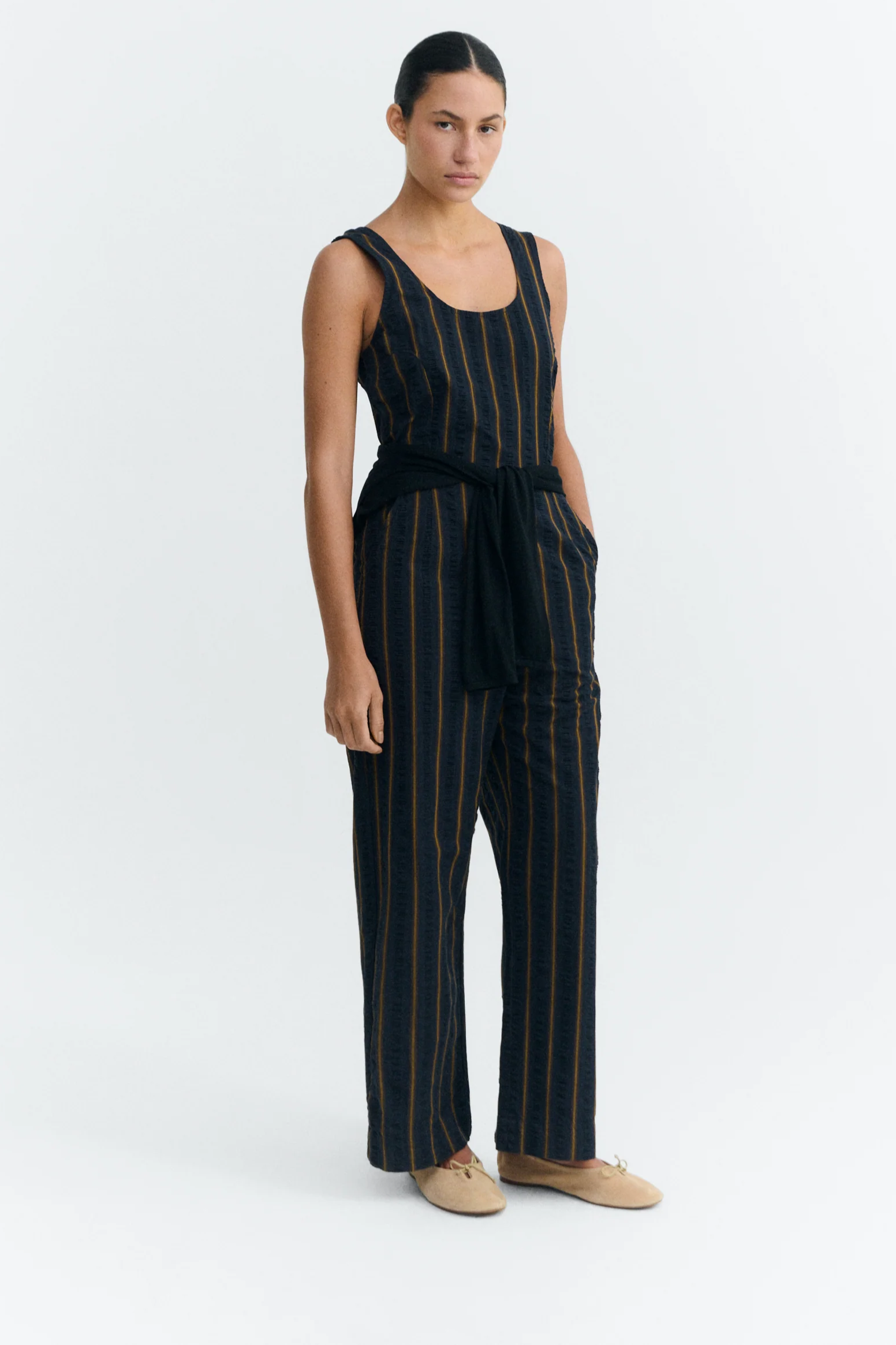 Image of Thinking MU dames vegan Jumpsuit Seersucker Raflesia Strepen Marine