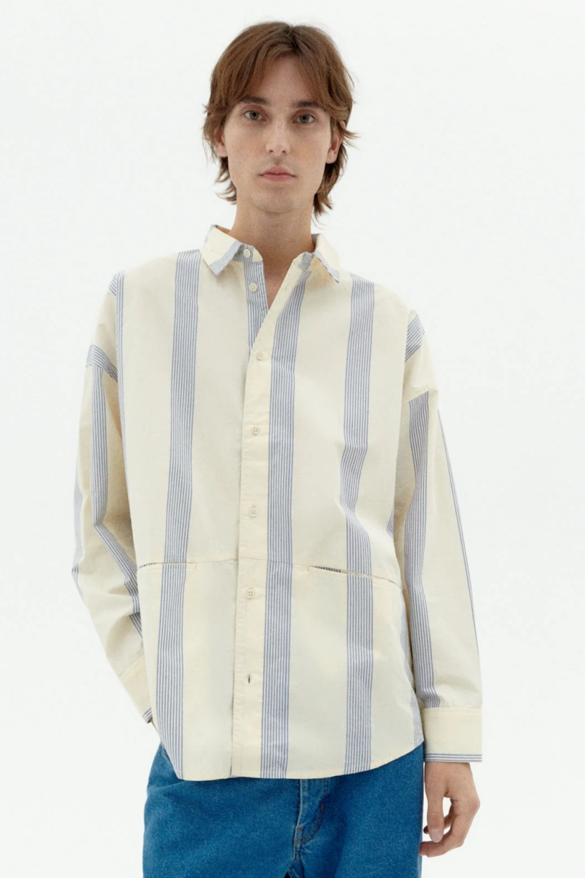 Image of Thinking MU mannen vegan Overhemd Jim Poplin Gestreept Blauw/Crème