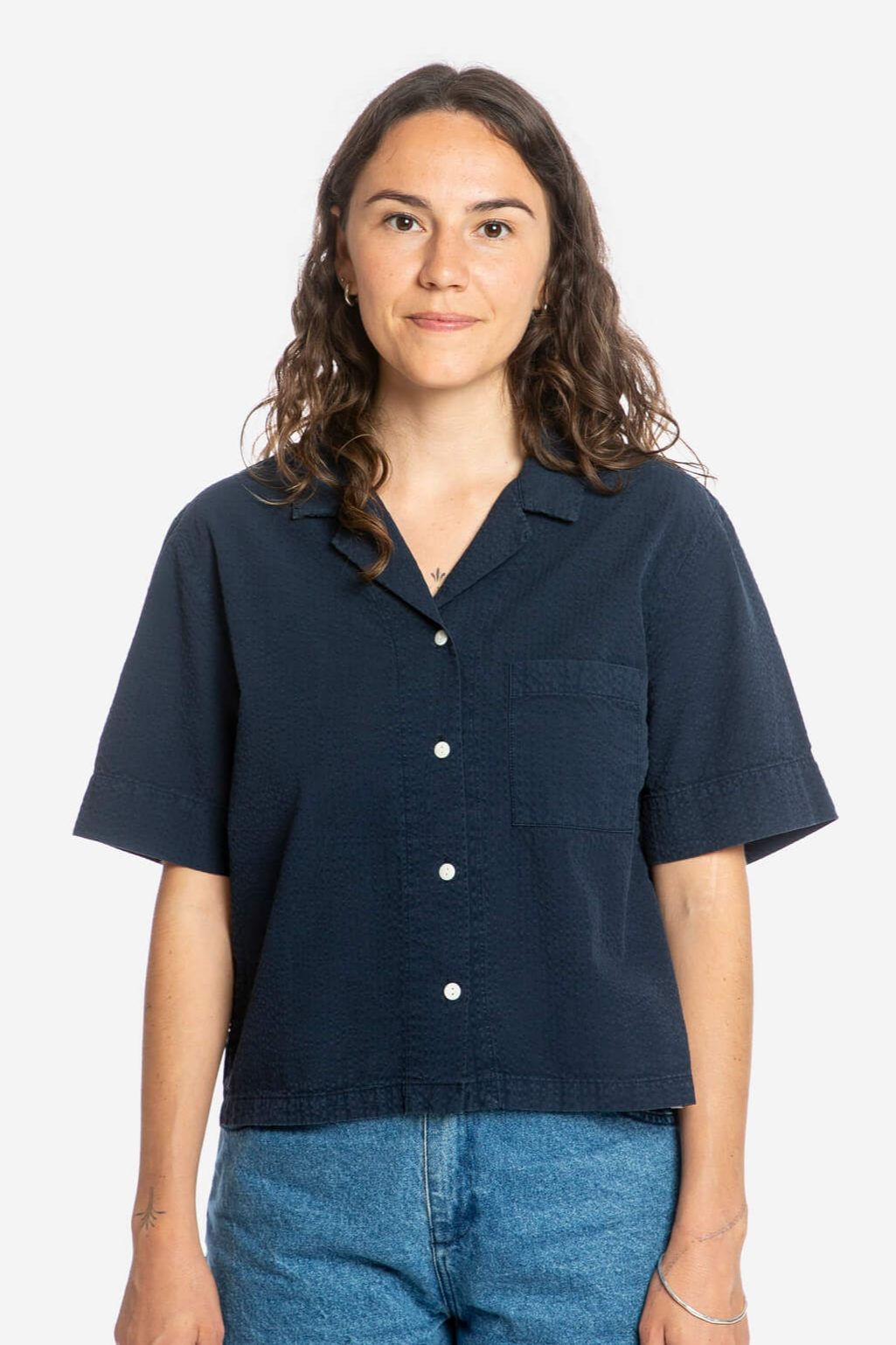 Image of MATONA dames vegan Overhemd Seersucker Marineblauw