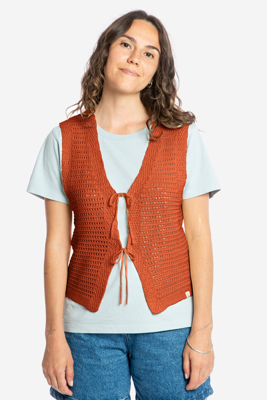 Image of MATONA dames vegan Vest Met Stropdas, Donkeroranje