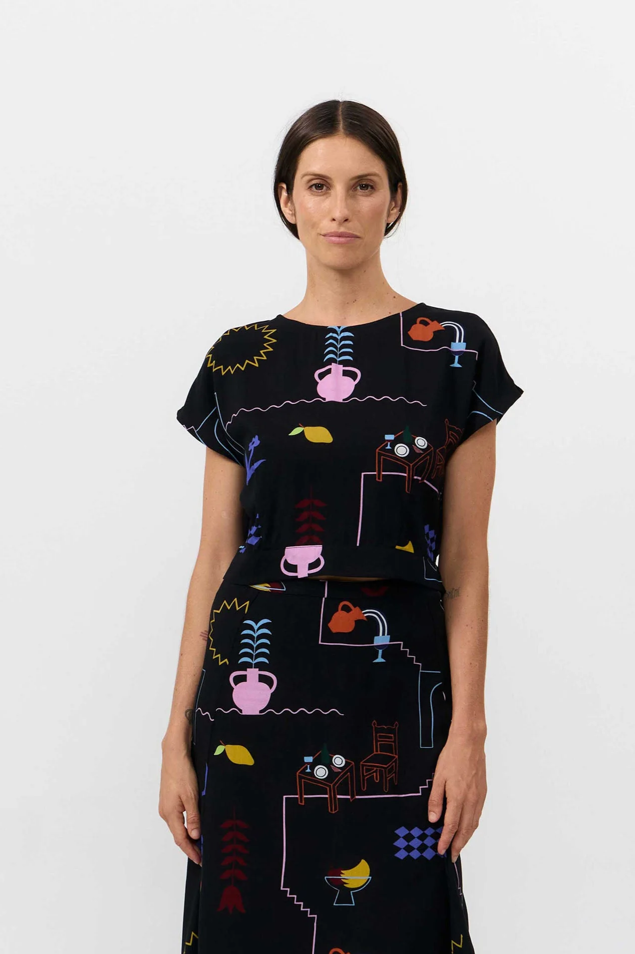 Image of SUITE13LAB dames vegan Top Hebron Print Feestdagen Zwart