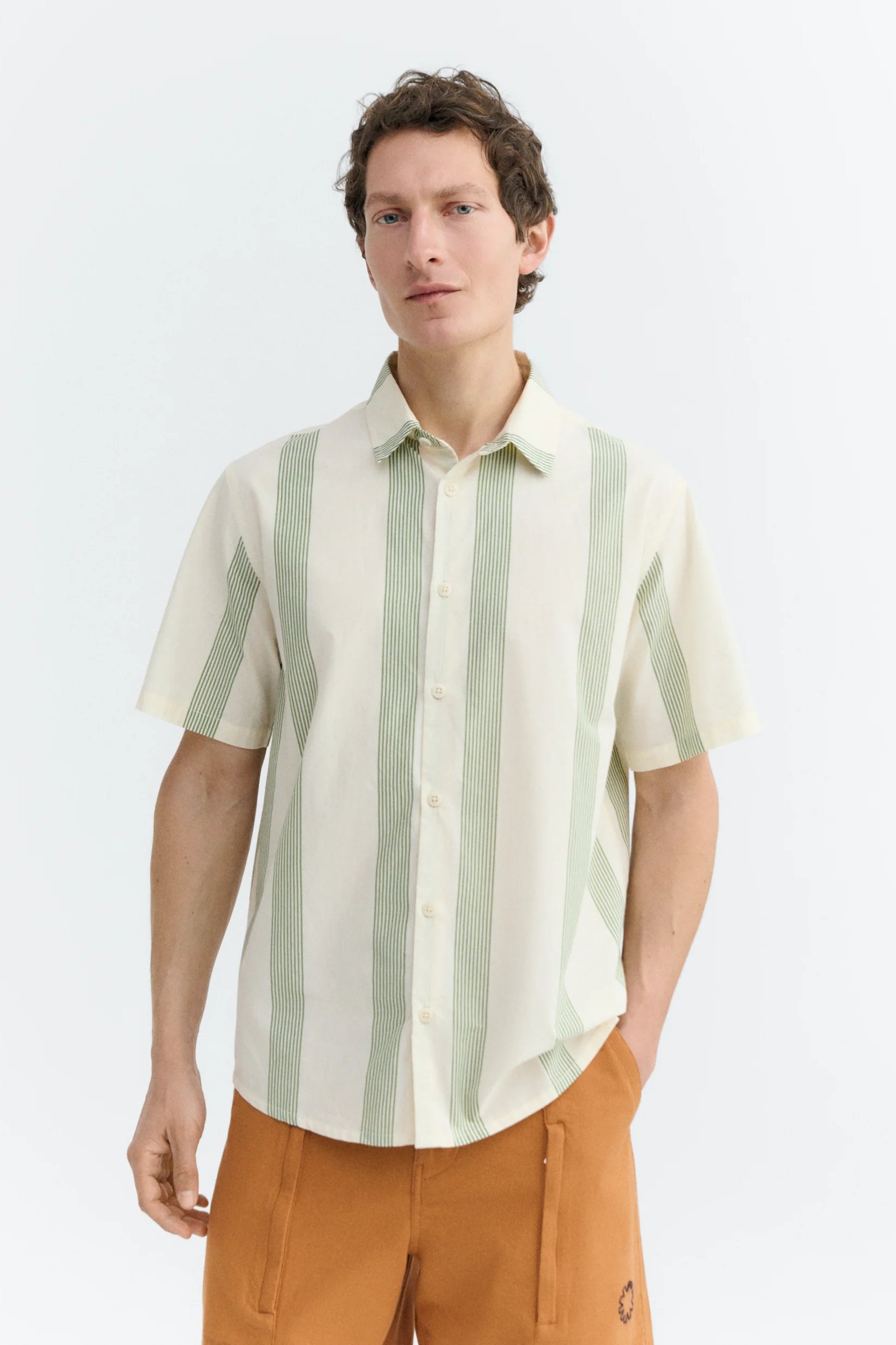 Image of Thinking MU mannen vegan Overhemd Tom Poplin Met Groene Strepen