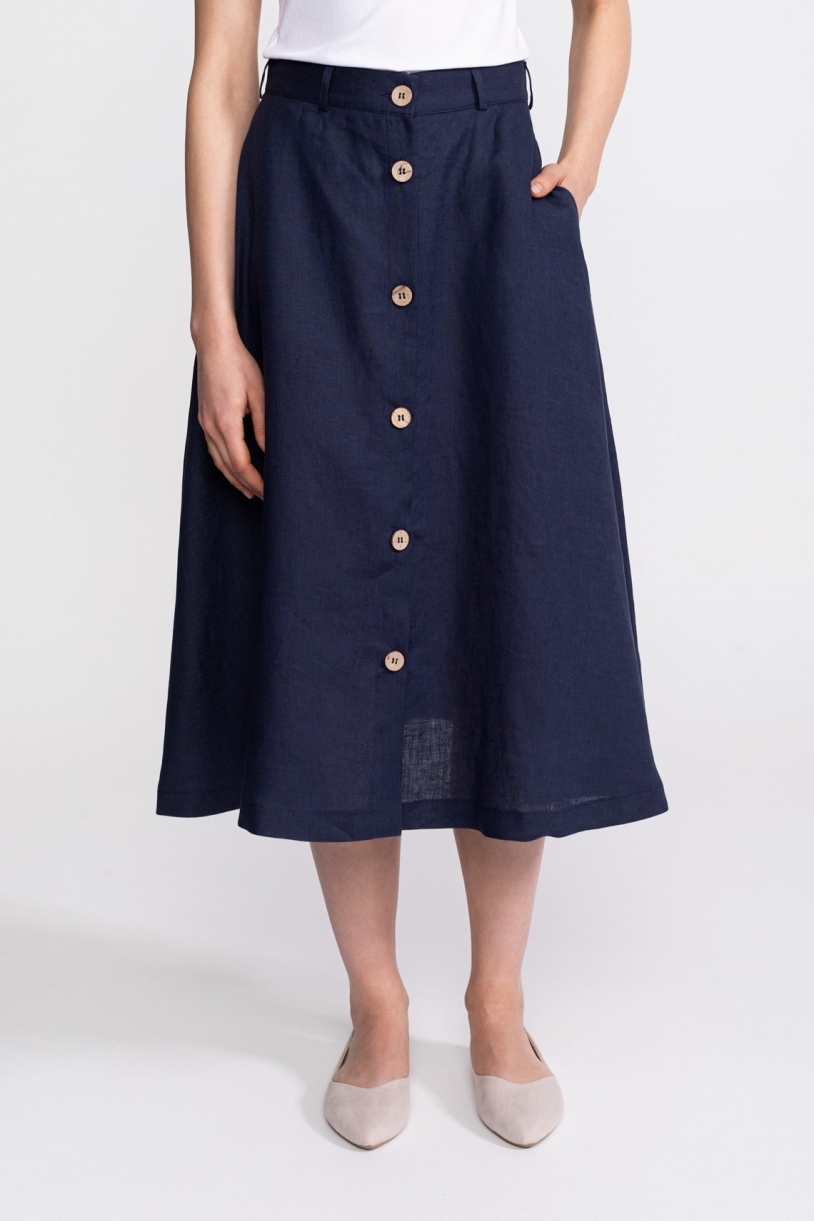 Image of De IONESCU dames vegan Midi Rok Van Linnen In Marineblauw