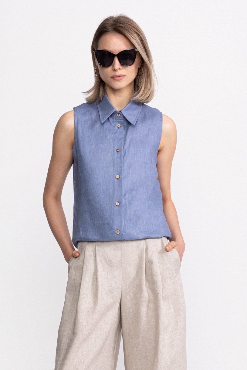 Image of De IONESCU dames vegan Mouwloos Shirt BÃ¢rsana Stoffig Blauw