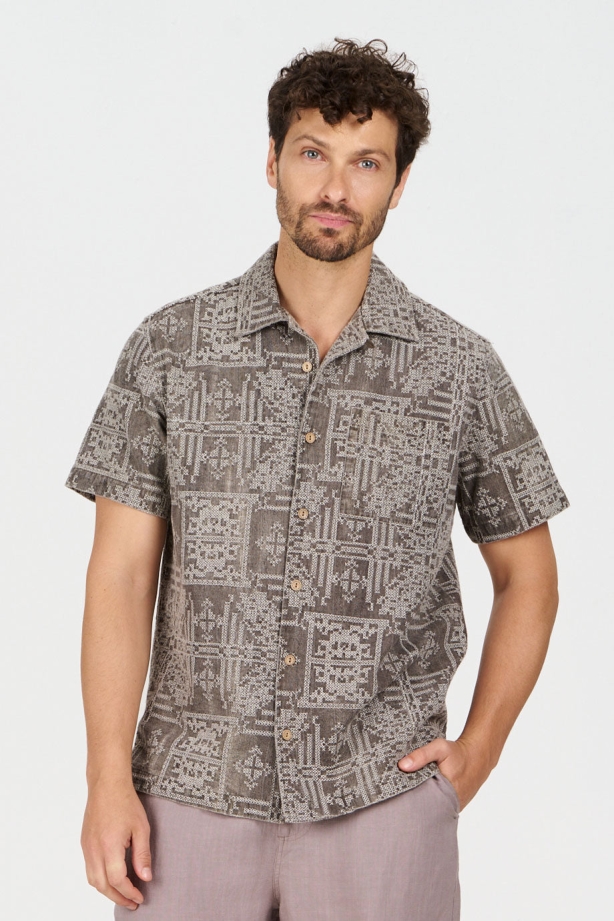 KOMODO Herren vegan Hemd Spindrift Bestickter Pilz Beige/Braun