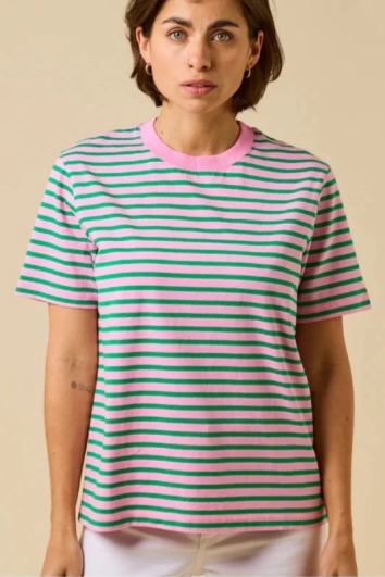 Jyoti Fair Works womens vegan T-Shirt Popeia Stripes Pink/ Green