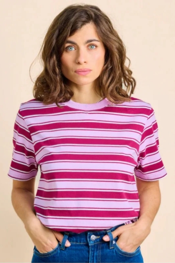 Jyoti Fair Works womens vegan T-Shirt Popeia Stripes Aubergine/ Pink