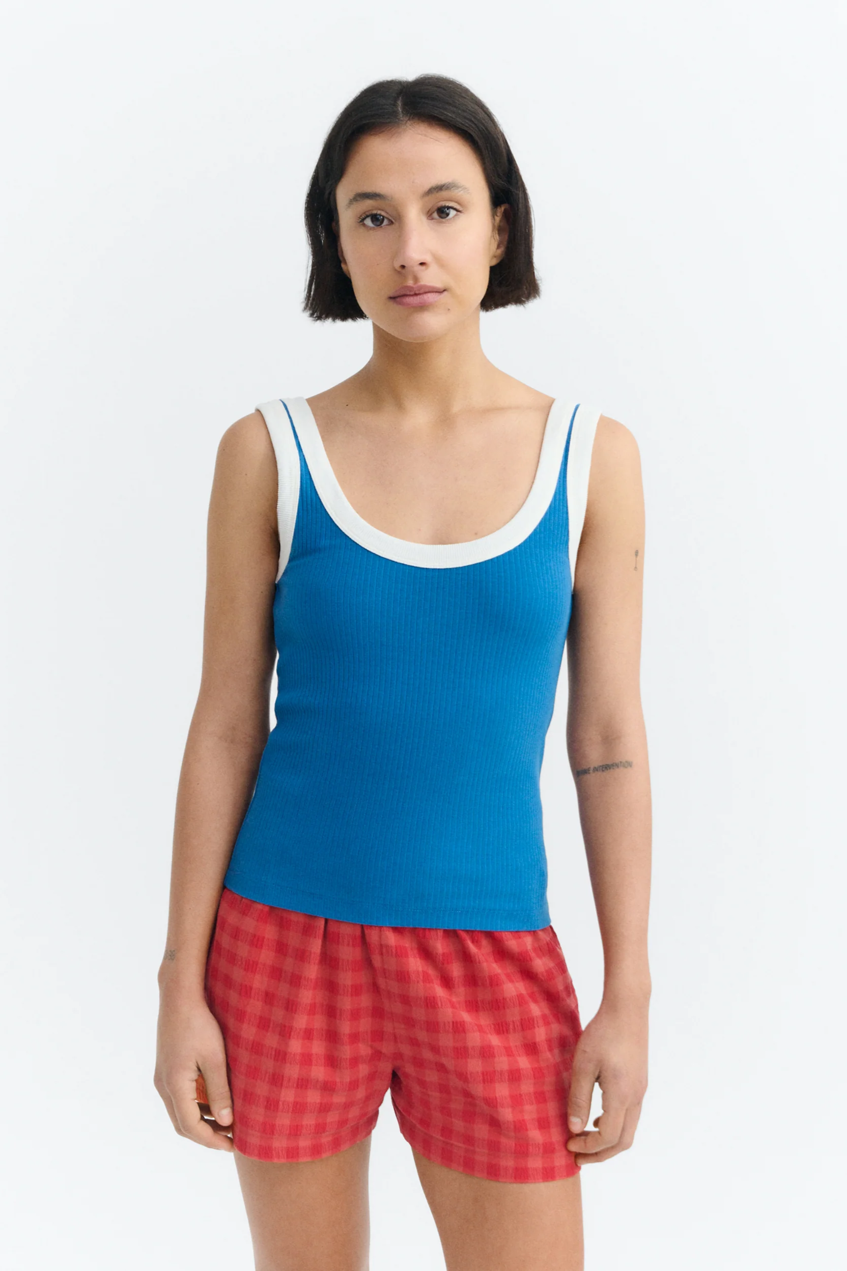 Thinking mu Damen vegan Top Julia Gerippt Blau Wei&Atilde;Ÿ Kontrast