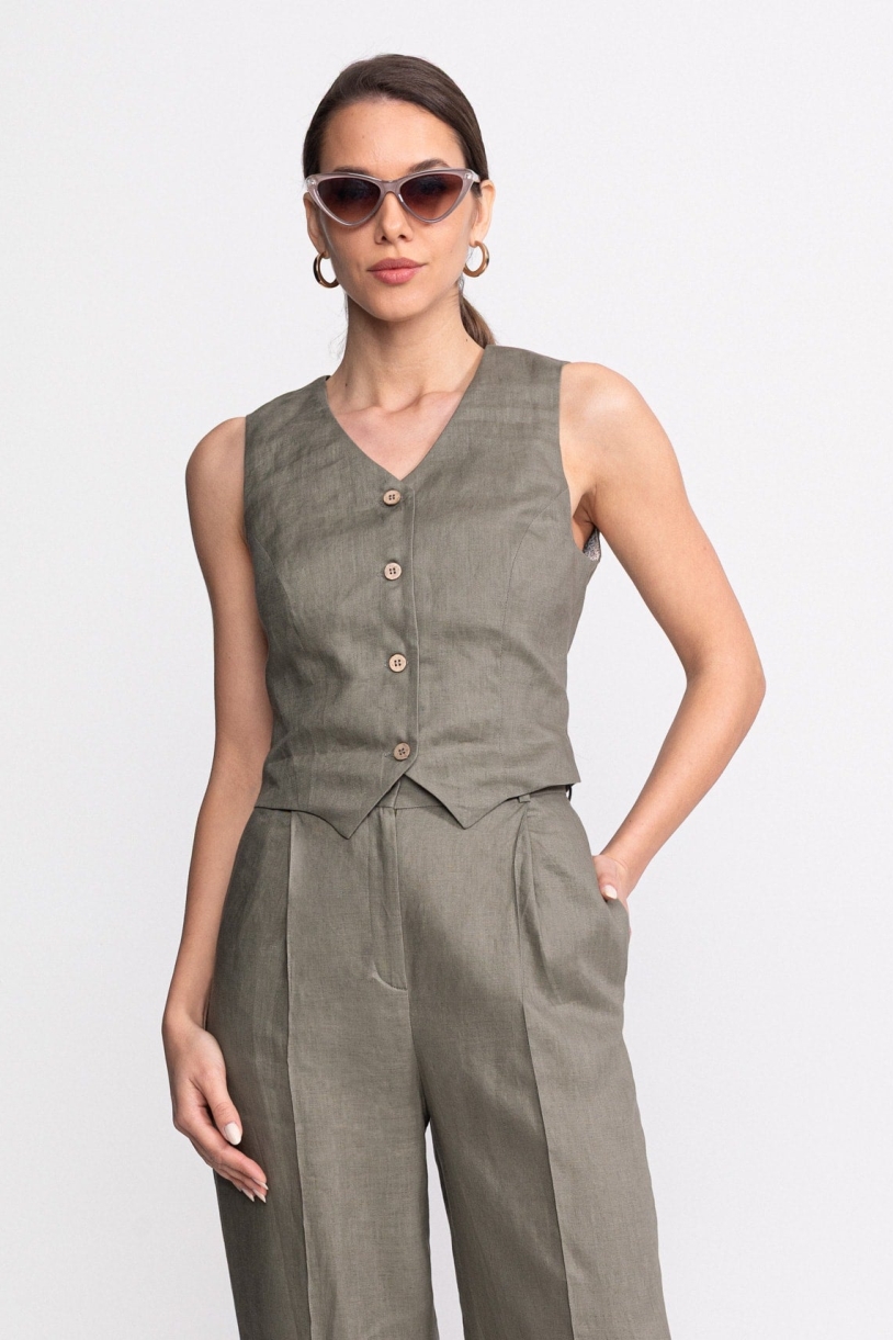 De IONESCU Damen vegan Weste Figa Leinen Khaki