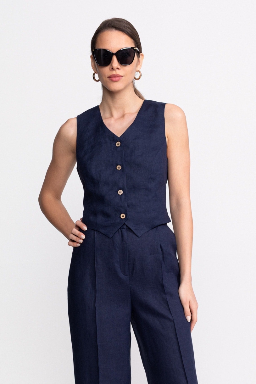 De IONESCU Damen vegan Weste Figa Leinen Marineblau