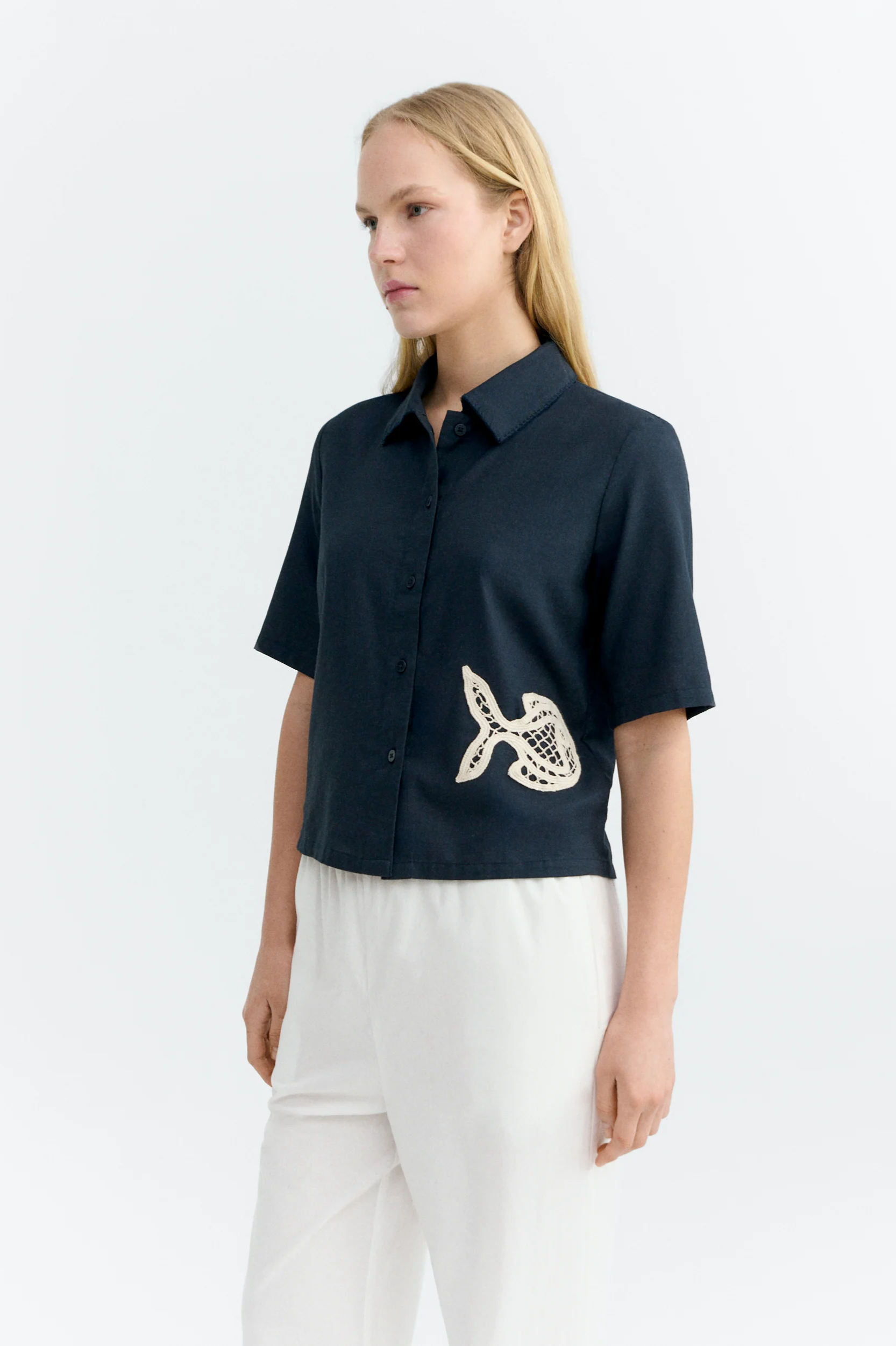 Thinking MU Damen vegan Bluse Ane Handbestickt Navy