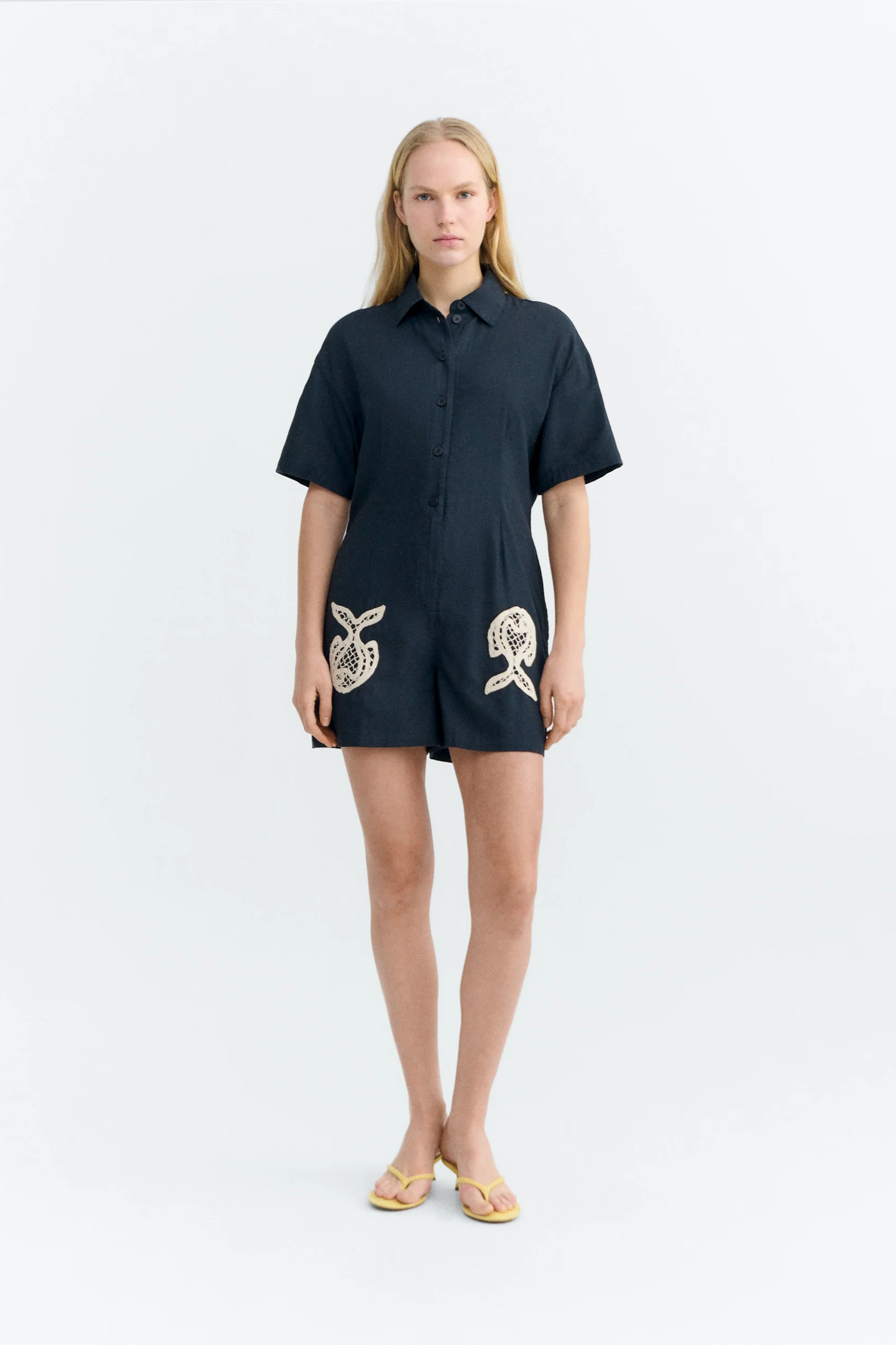 Thinking mu Damen vegan Jumpsuit Handbestickt Roberta Navy
