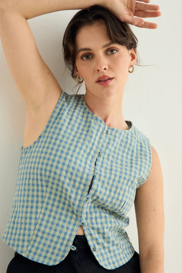 Clotsy Damen vegan Weste Leila Vichy Blau