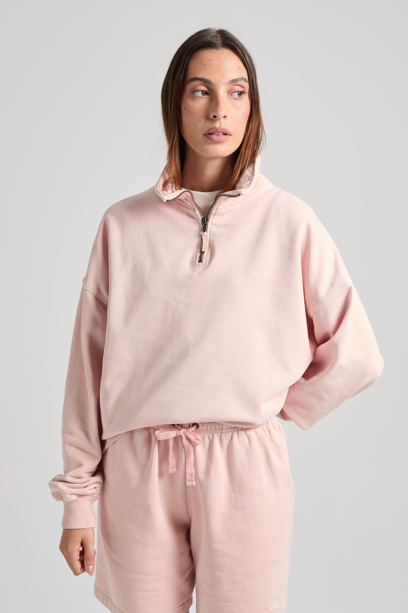 Trendsplant Damen vegan Sweatshirt Sunwashed Essential Mit Viertelrei&Atilde;Ÿverschluss Lotus Pink