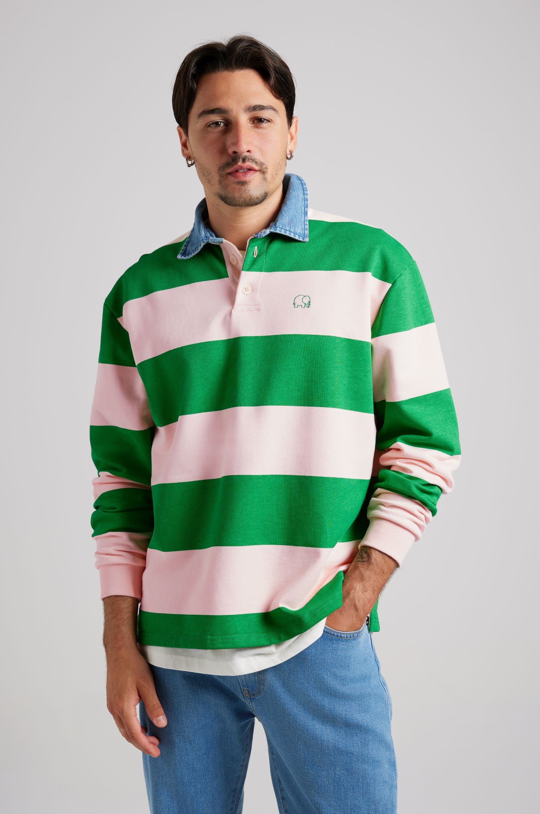 Trendsplant men vegan Sweater Yard Rugby Polo Fern Green/Cloud Pink
