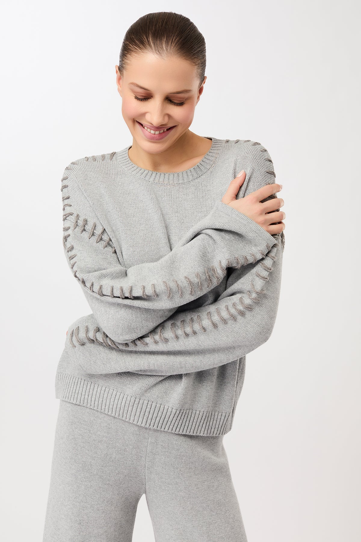 Mandala Damen vegan Locker Sitzender Grauer Strickpullover