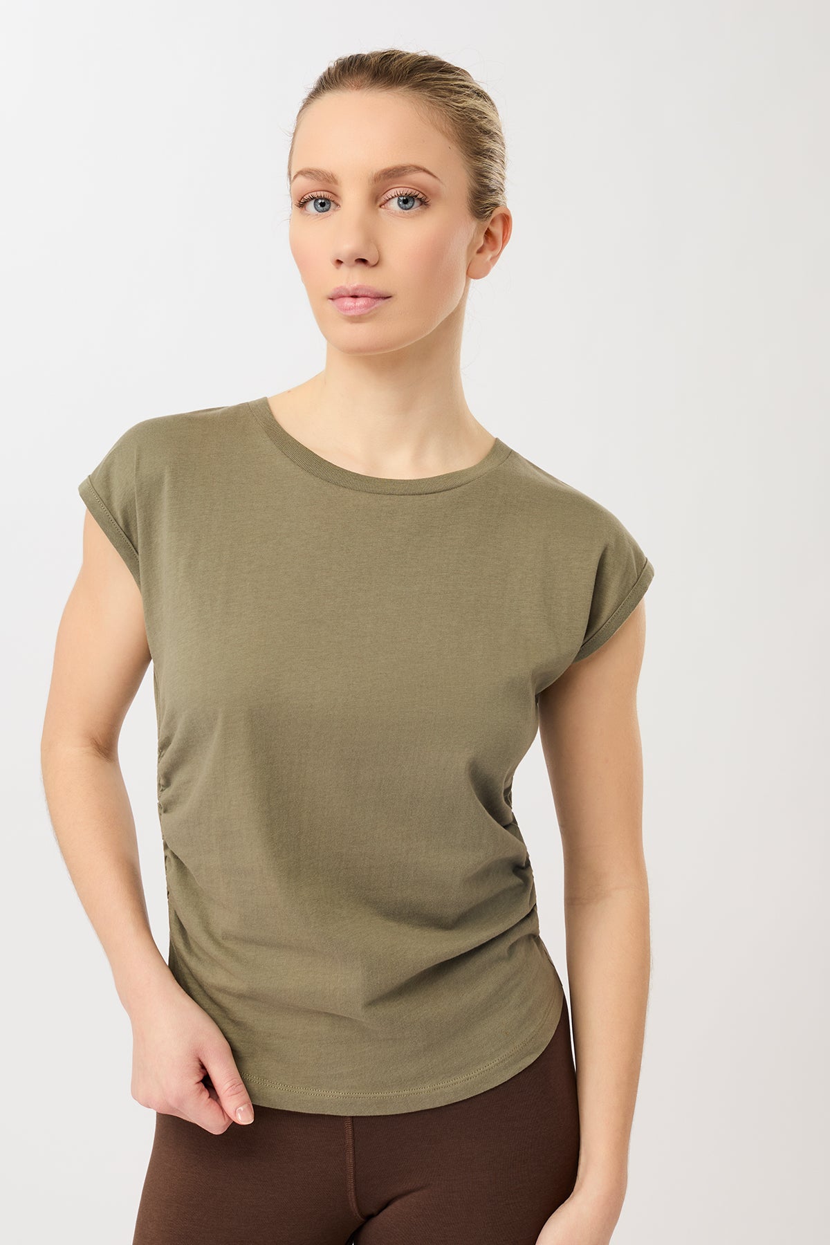 MANDALA womens vegan Top Side Ruffled Khaki