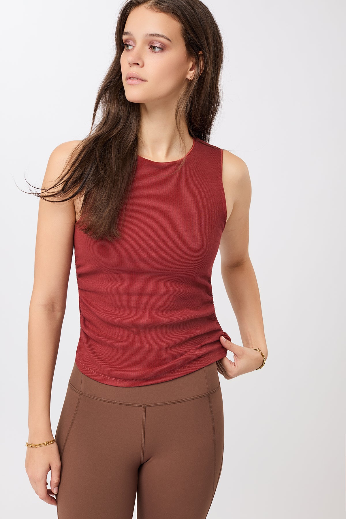 MANDALA womens vegan Top Rib Side Ruffled Siena