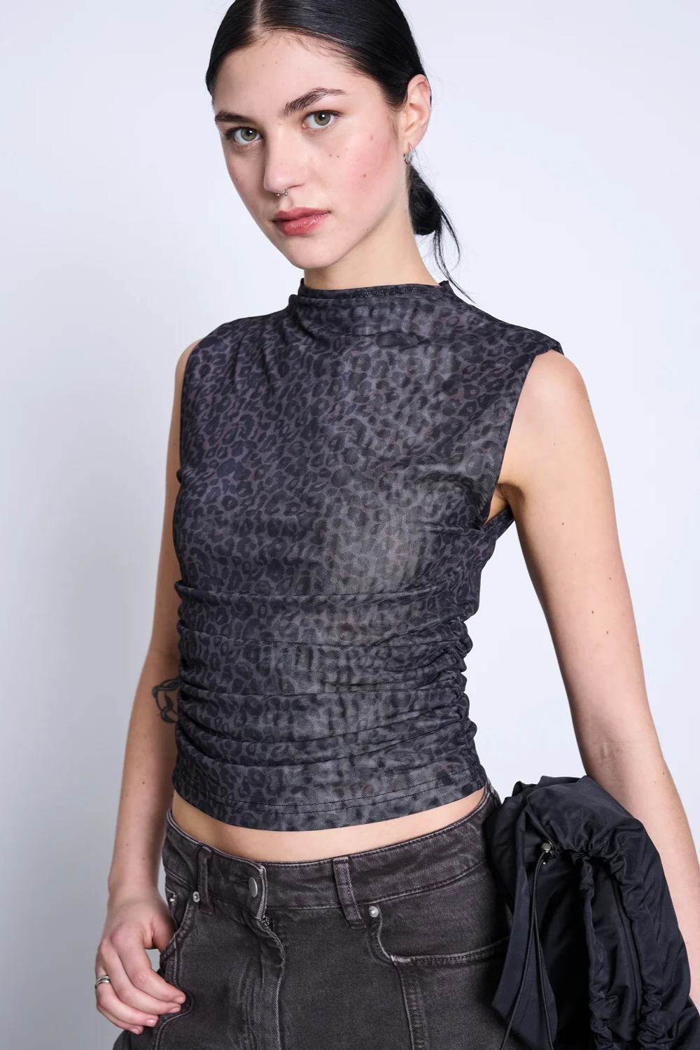 JAN 'N JUNE womens vegan Top Ruffle Mesh Laguna Dark Leo Print