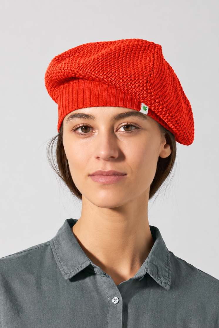 Hempage womens vegan Beret Fine Brick Red Orange