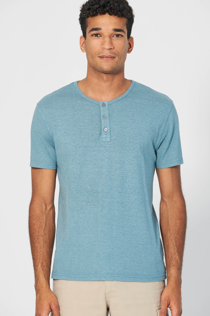 HempAge Herren vegan Einfarbiges Henley T-Shirt Wave In Blau