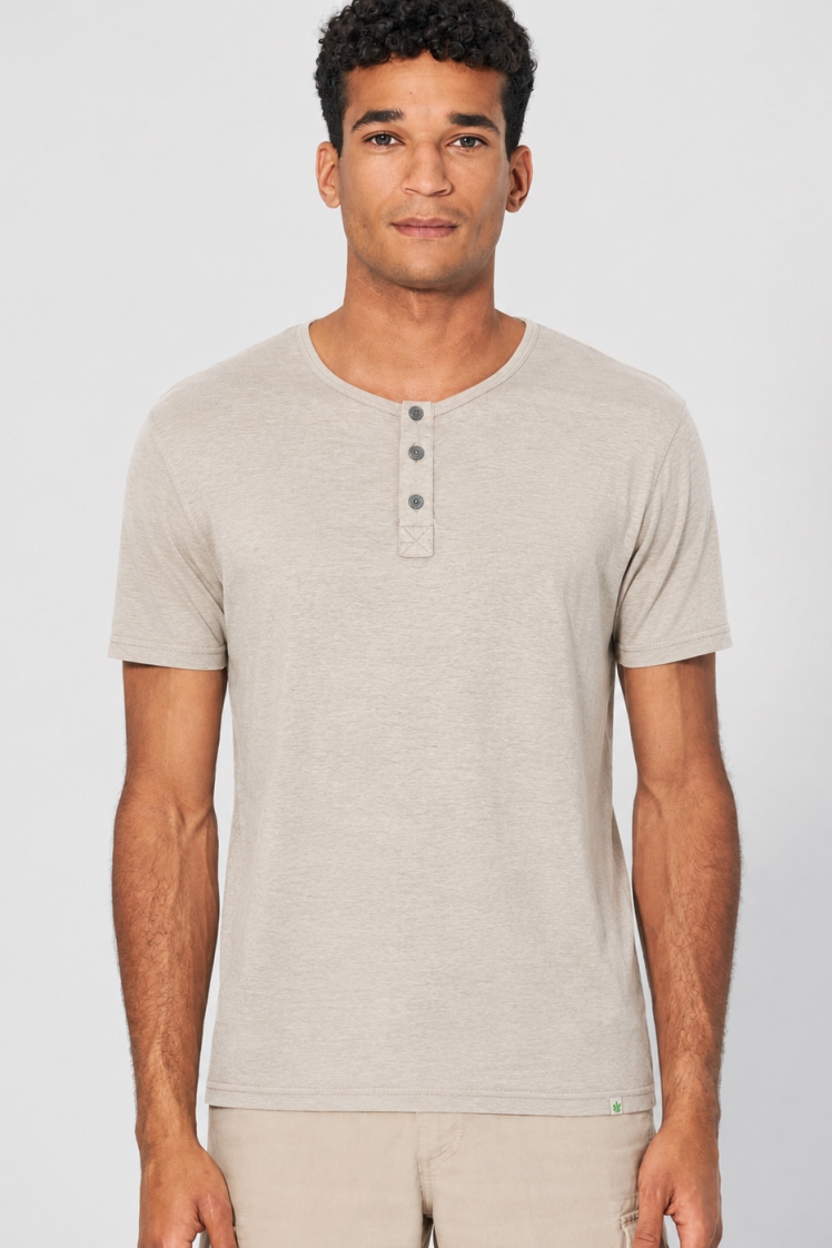 HempAge Herren vegan T-Shirt Einfarbig Henley Schnitt Distel Beige