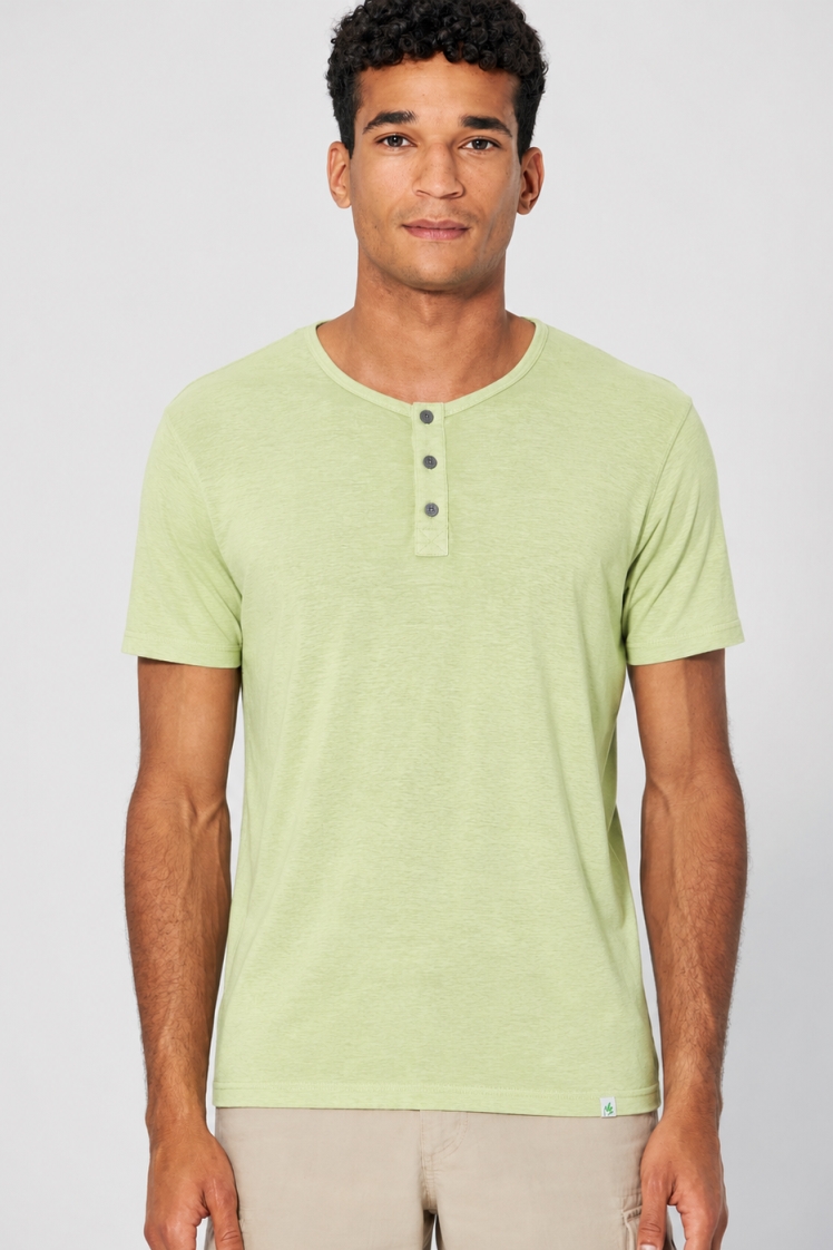 HempAge Herren vegan Einfarbiges Henley T-Shirt In Matcha Gr&Atilde;&frac14;n