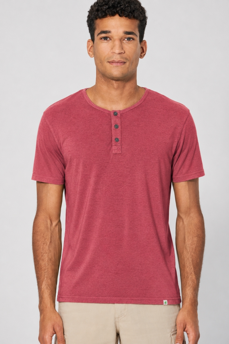 HempAge Herren vegan Einfarbiges Henley T-Shirt Barolo In Rosa