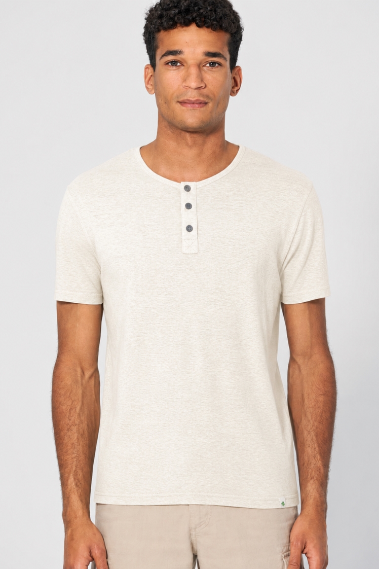 HempAge Herren vegan Einfarbiges Henley T-Shirt Cremefarben