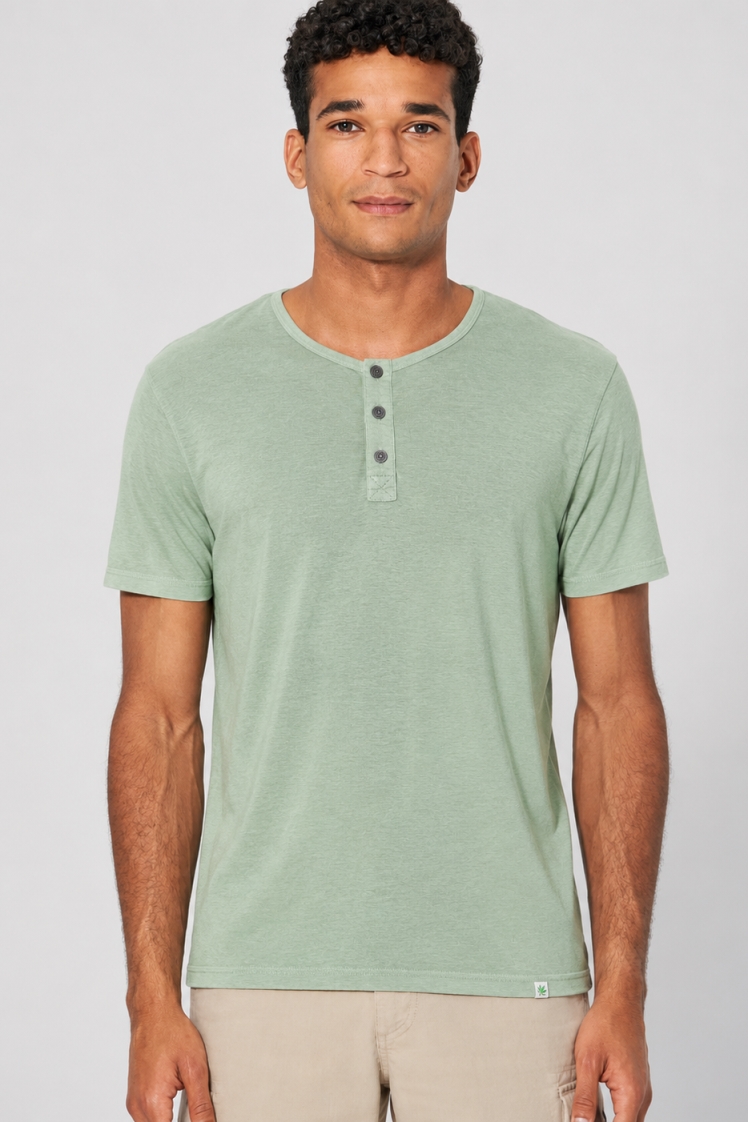 HempAge Herren vegan Einfarbiges Henley T-Shirt In Menta Gr&Atilde;&frac14;n