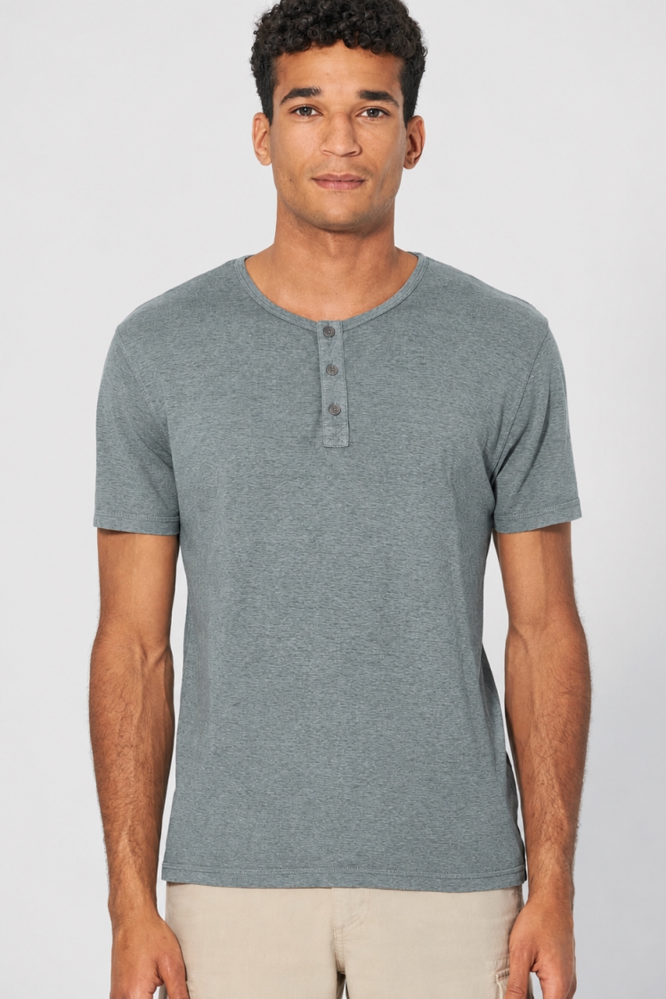 HempAge Herren vegan Einfarbiges Henley T-Shirt In Titan