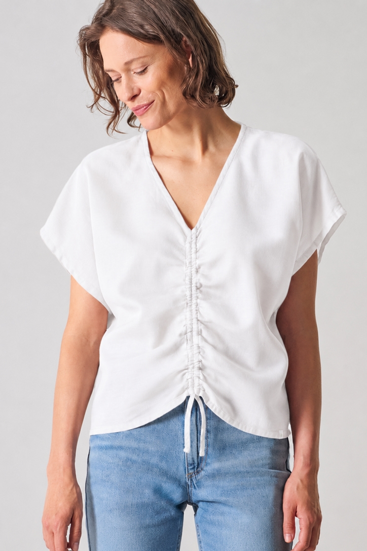 HempAge Damen vegan Wei&Atilde;Ÿe Sommerbluse Mit Raffungen