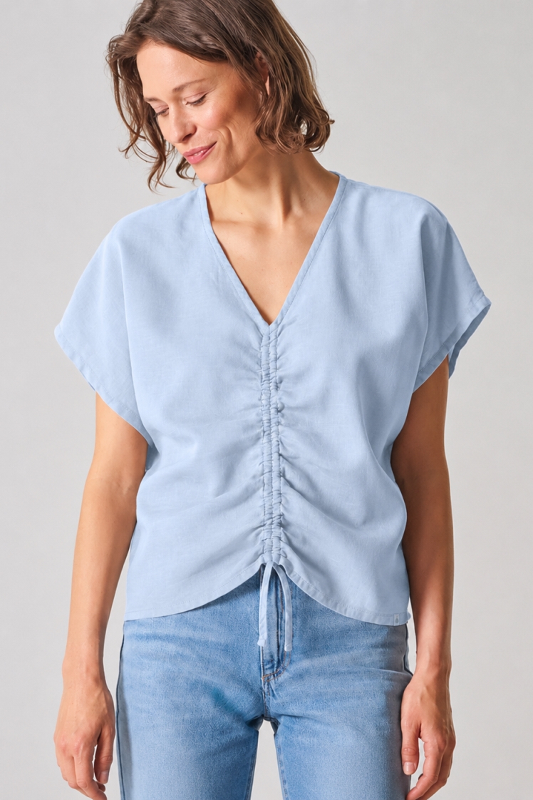 HempAge Damen vegan Bluse Mit Raffungen Summer Smoke Blau