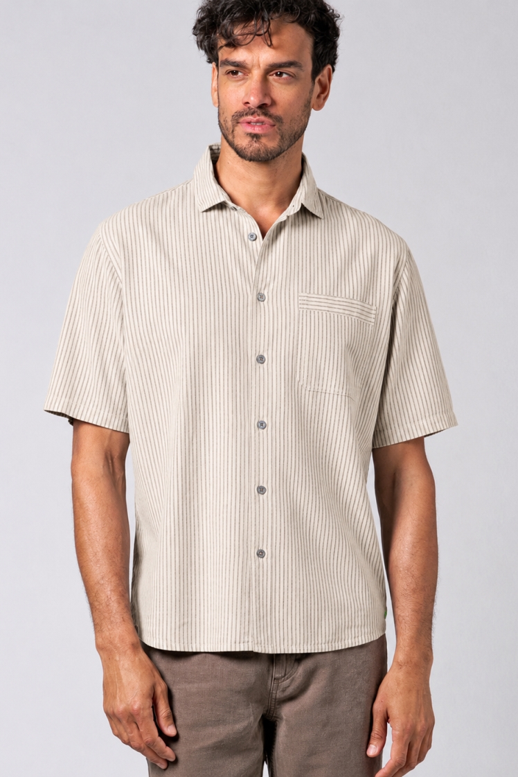 HempAge Herren vegan Gestreiftes Kurzarm Shirt Distelbeige