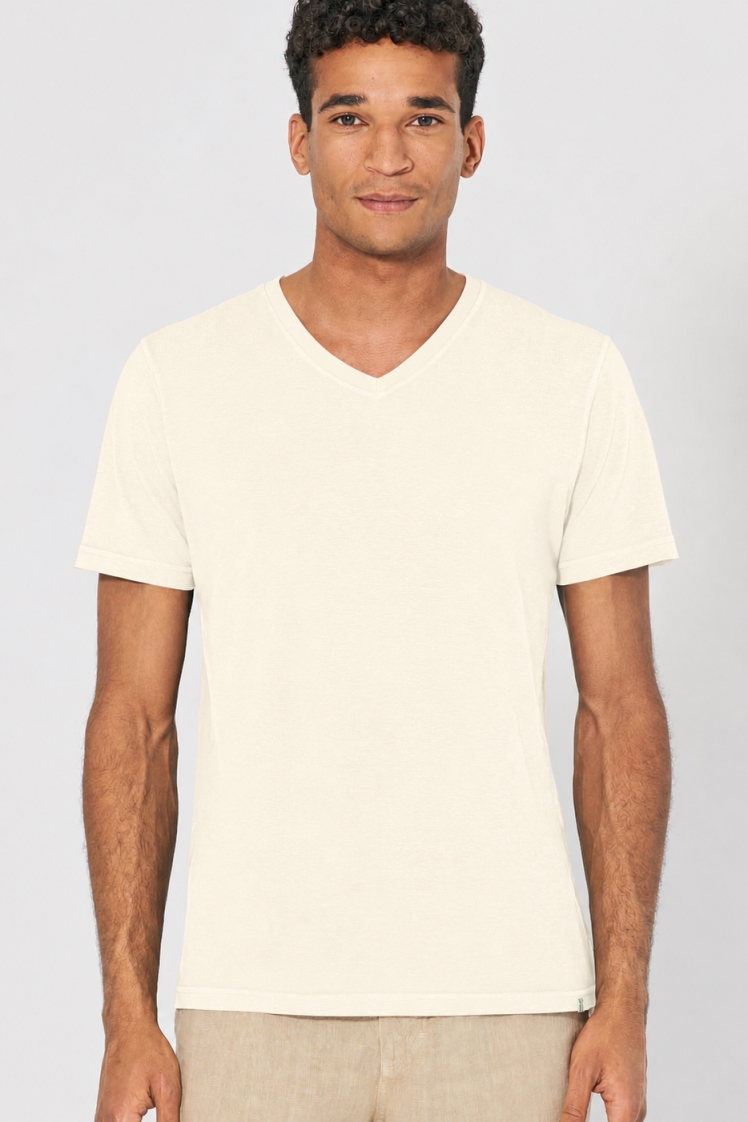 HempAge Herren vegan T-Shirt Mit V-Ausschnitt, Schmal Geschnitten, Cremefarben