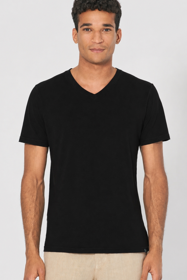 HempAge Herren vegan T-Shirt Mit V-Ausschnitt Schmal Geschnitten Schwarz