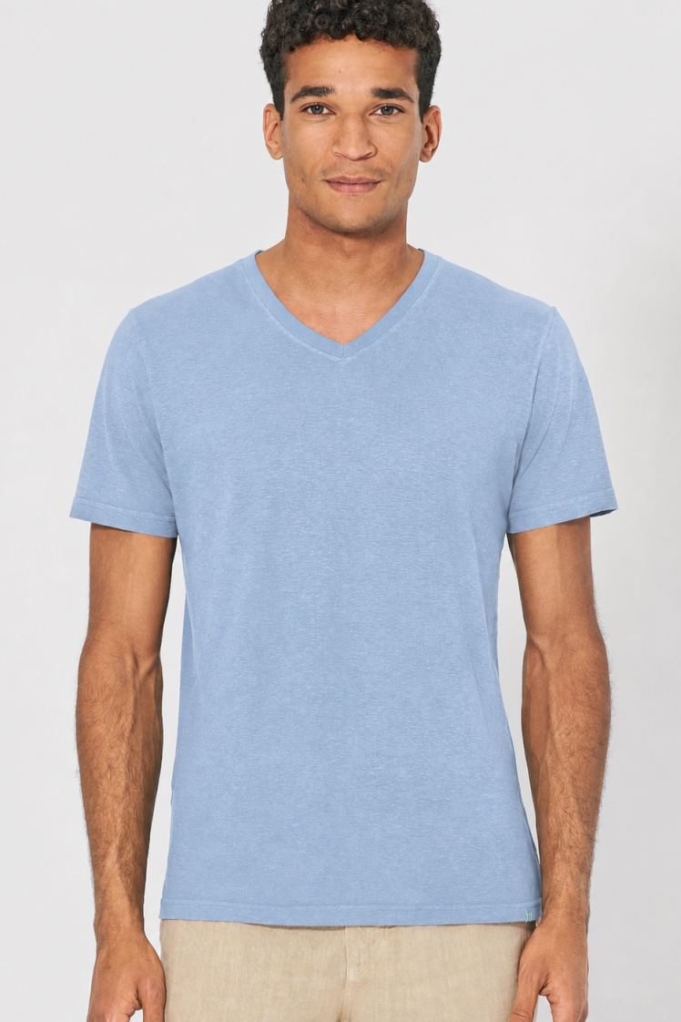HempAge Herren vegan T-Shirt Mit V-Ausschnitt Schmal Geschnitten Wasserblau