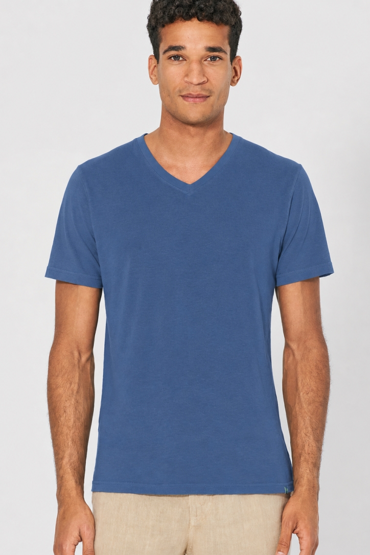 HempAge Herren vegan T-Shirt Mit V-Ausschnitt Schmal Geschnitten Blau