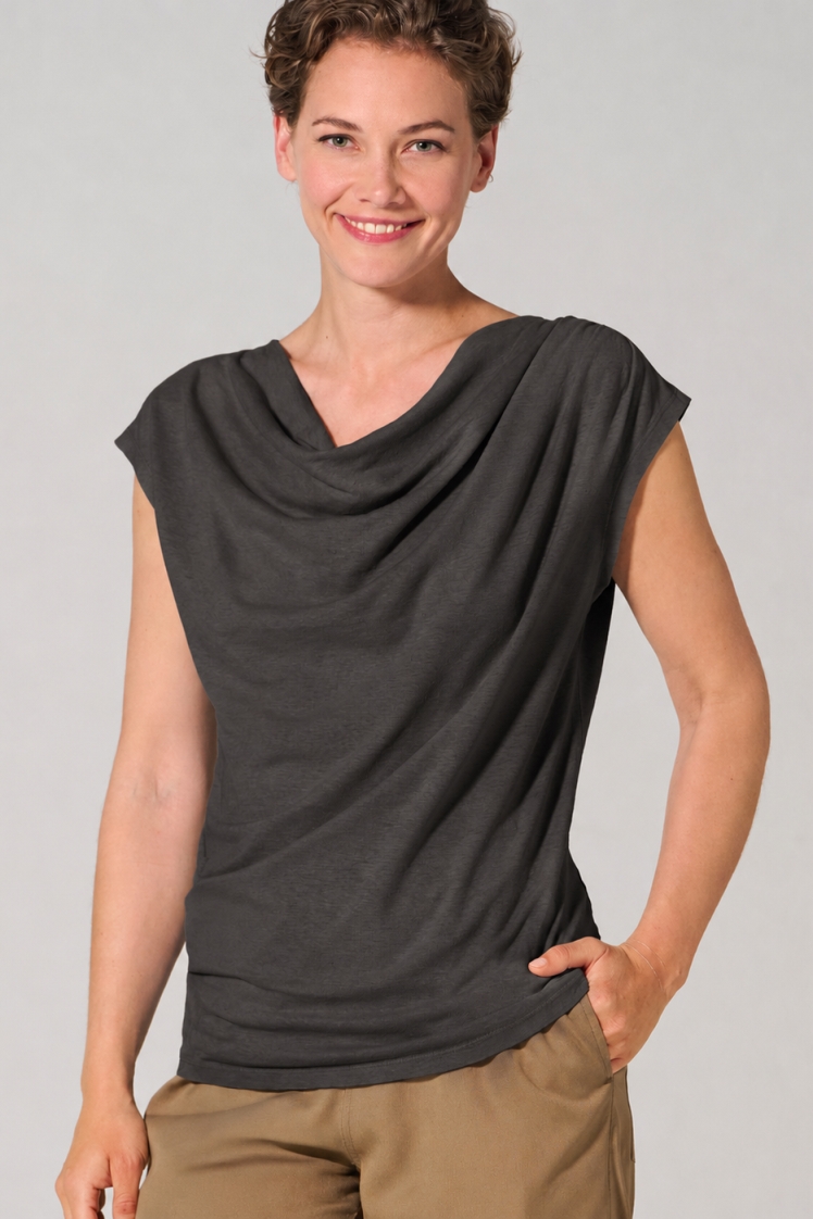 HempAge Damen vegan Top Mit Wasserfall Ausschnitt Schwarz