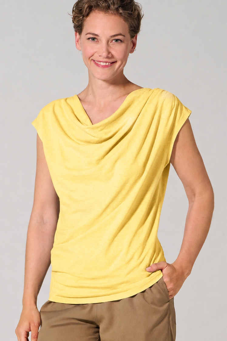 HempAge Damen vegan Gelbes Oberteil Mit Wasserfall Ausschnitt