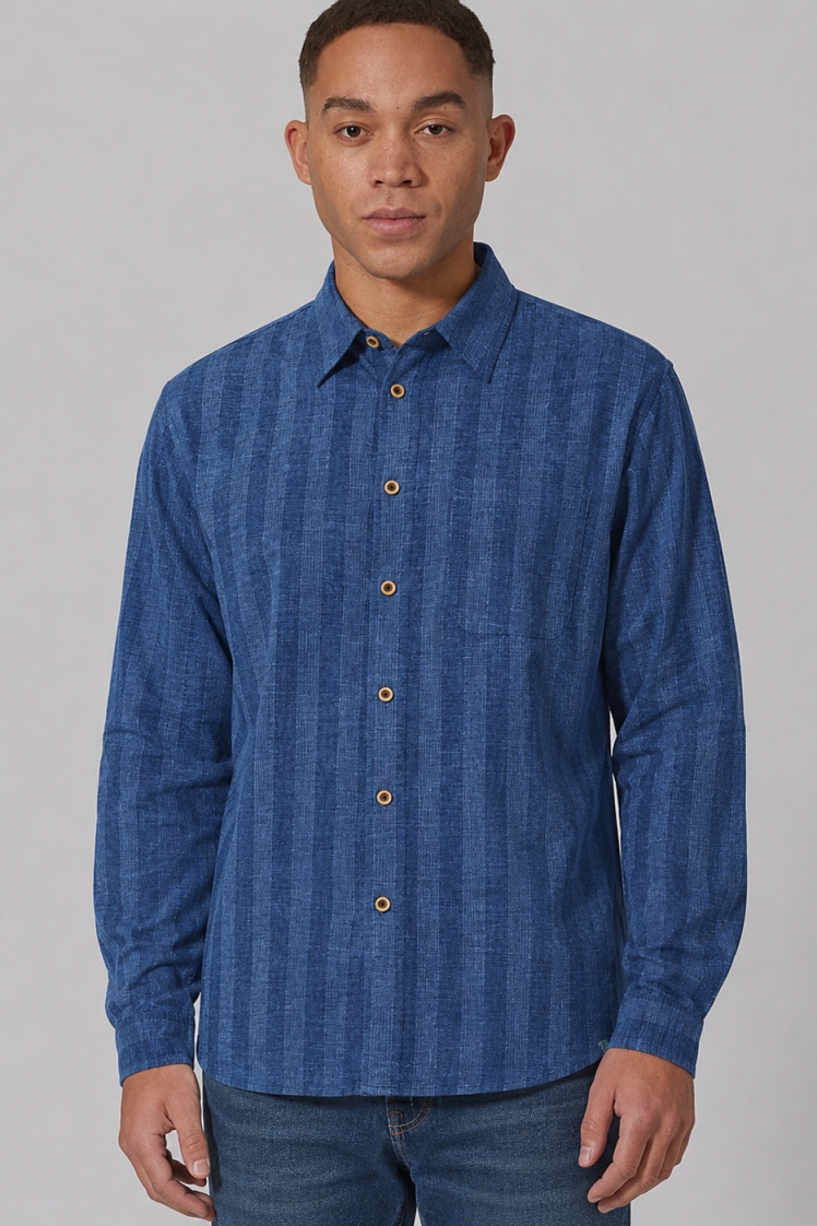 HempAge Herren vegan Gestreiftes Freizeithemd In Meeresblau