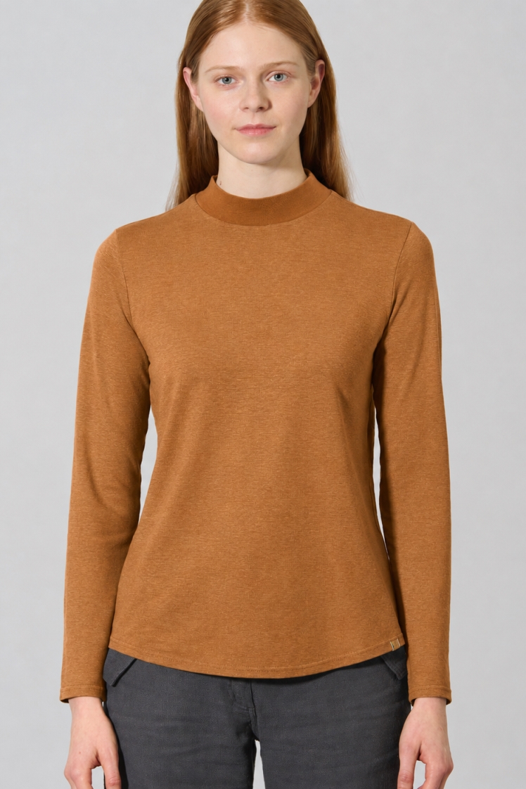 HempAge Damen vegan Top Mit Langen &Atilde;&bdquo;rmeln Und Stehkragen Mandelbraun