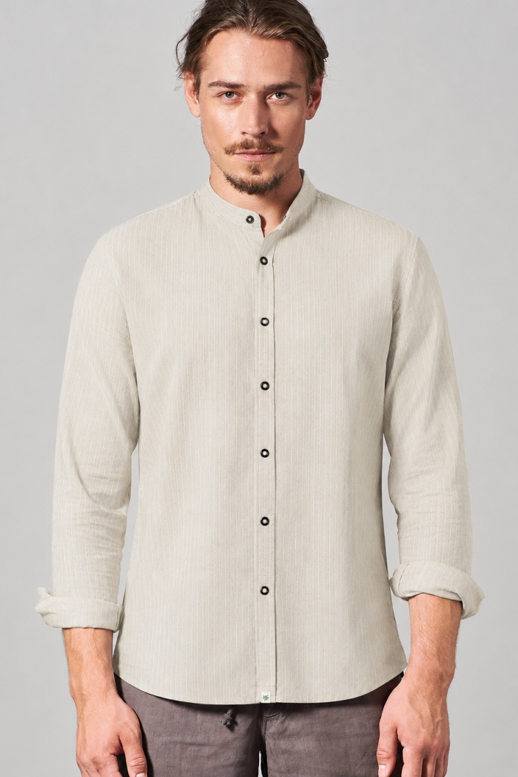 HempAge Herren vegan Leichtes Hemd Mit Stehkragen Beige