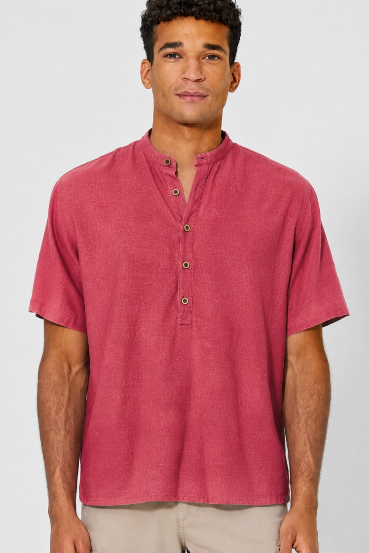 HempAge Herren vegan Kurzarmhemd Mit Stehkragen Barolo Rosa