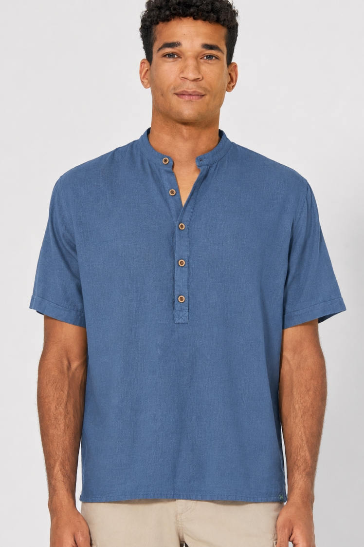 HempAge Herren vegan Kurzarmhemd Mit Stehkragen Farbe Blueberry