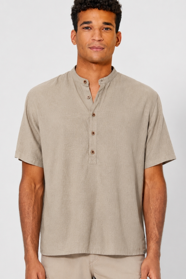 HempAge Herren vegan Hemd Kurze &Atilde;&bdquo;rmel Stehkragen Grit Beige