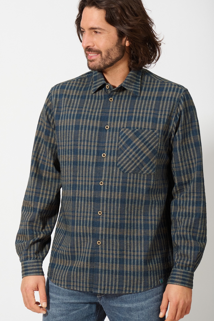 HempAge Herren vegan L&Atilde;&curren;ssiges Hemd Mit Karomuster Marineblau