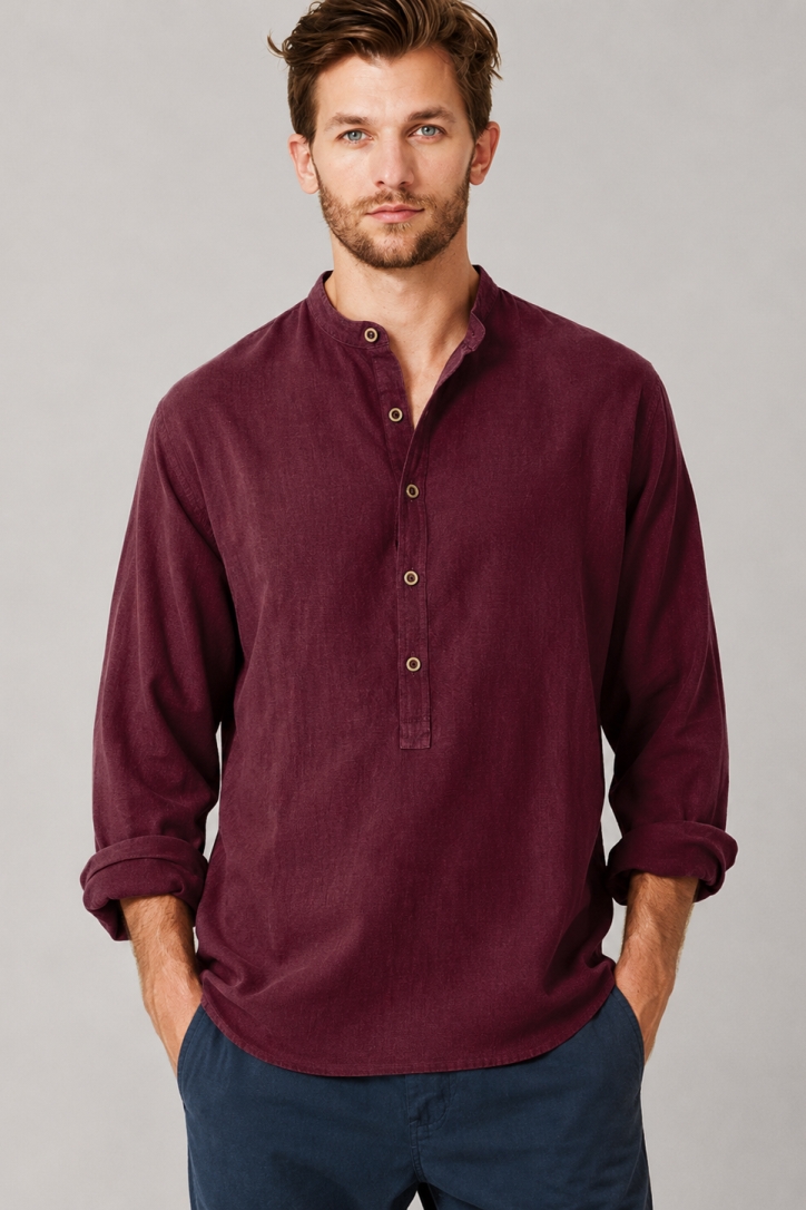 HempAge Herren vegan Hemd Mit Stehkragen Rioja Rot